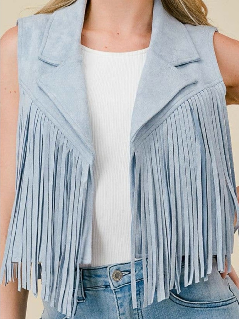 Fringed Suede Crop Vest - Light Blue - Picture 2 of 4